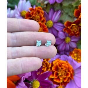 Sterling Silver Cat Face Post Earrings, Silver Cat Face Post Earrings